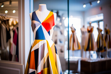 Robe avec imprimé géométrique présenté sur un mannequin dans une vitrine de boutique de mode - Générative IA