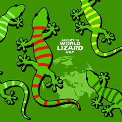Several Lizards in different line colors with earth icon and bold text on green  background to commemorate World Lizard Day on August 14