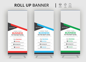 Corporate roll-up banner for your business,Business roll up banner design for business events, annual meetings, presentations, marketing, promotions, with red, blue, green, orange, and purple print re