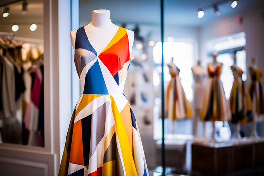 Robe avec imprim&eacute; g&eacute;om&eacute;trique pr&eacute;sent&eacute; sur un mannequin dans une vitrine de boutique de mode - G&eacute;n&eacute;rative IA
