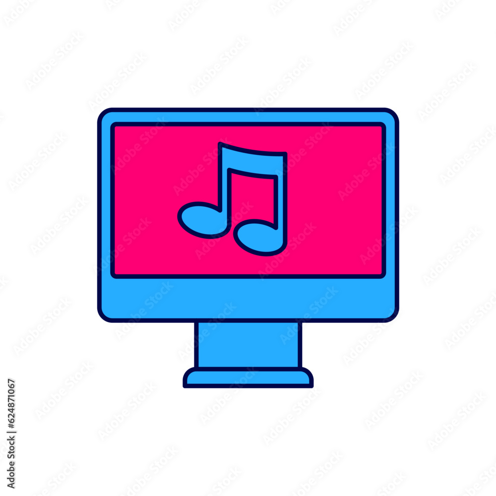 Poster filled outline computer with music note symbol on screen icon isolated on white background. vector