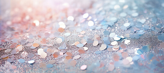 Glitter background in pastel delicate silver and white tones de-focused