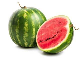 Half a cut ripe watermelon and a whole striped watermelon. Isolate