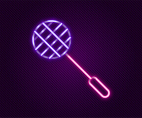 Glowing neon line Tennis racket icon isolated on black background. Sport equipment. Colorful outline concept. Vector
