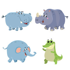 Cartoon set of African wild animals. Hippo, crocodile, elephant and rhino characters. Cute zoo or safari park inhabitants. Vector illustrations.