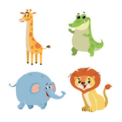 Cartoon set of African wild animals. Giraffe, crocodile, elephant and lion characters. Cute zoo or safari park inhabitants. Vector illustrations.