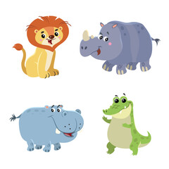 Cartoon set of African wild animals. Hippo, crocodile, lion and rhino characters. Cute zoo or safari park inhabitants. Vector illustrations.