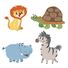 Cartoon set of African wild animals. Hippo, turtle, lion and zebra characters. Cute zoo or safari park inhabitants. Vector illustrations.