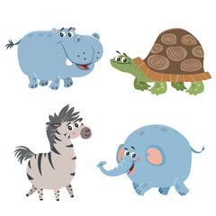 Cartoon set of African wild animals. Hippo, turtle, elephant and zebra characters. Cute zoo or safari park inhabitants. Vector illustrations.
