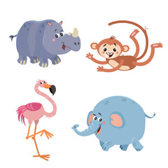 Cartoon set of African wild animals. Rhino, monkey, elephant and zebra characters. Cute zoo or safari park inhabitants. Vector illustrations.