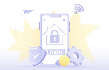 Smart home control concept. Home security application on mobile phone. Safety of private property and modern technology. Flat vector design illustration.