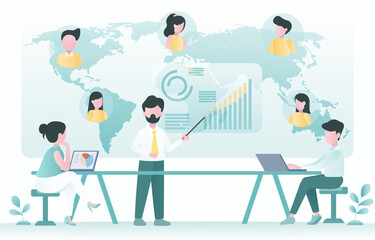 Business ideas concept. Business people discussing and brainstorming data analysis. Online communication around the world. Flat vector illustration.