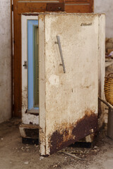 old rusty fridge, old Ripoll winery, Llucmajor, .Majorca, Balearic Islands, Spain