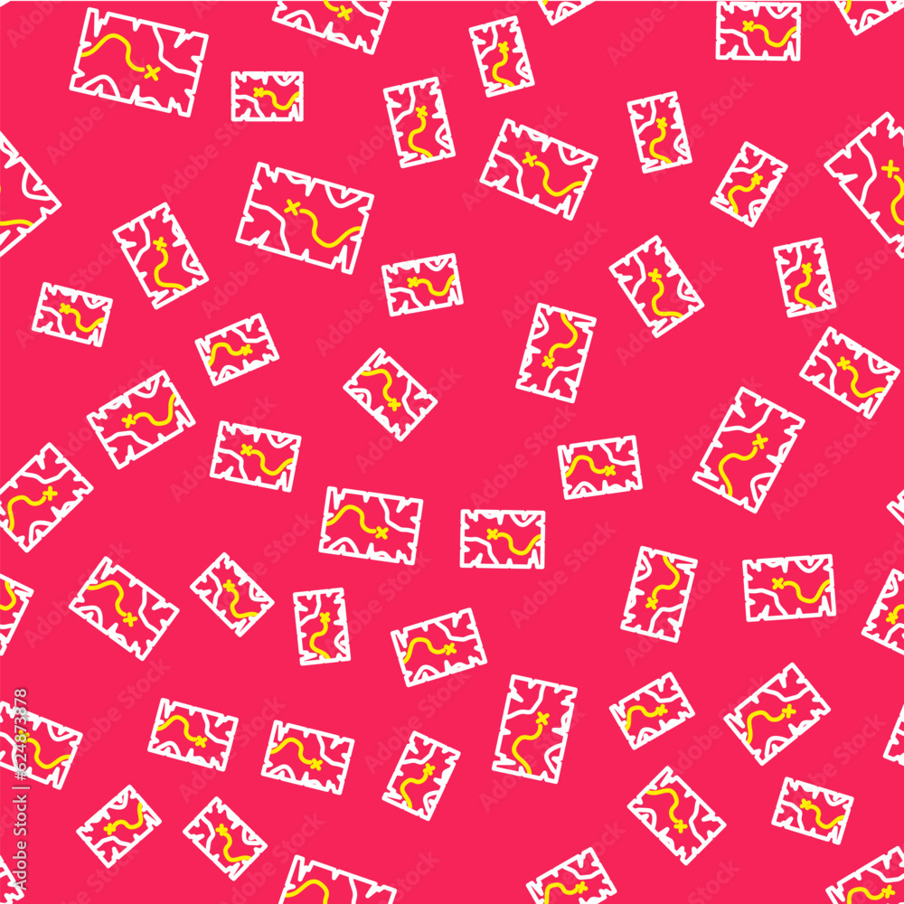 Poster line pirate treasure map icon isolated seamless pattern on red background. vector