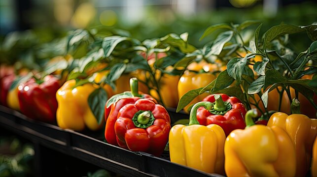 close up of growing red and yellow peppers, organic agriculture