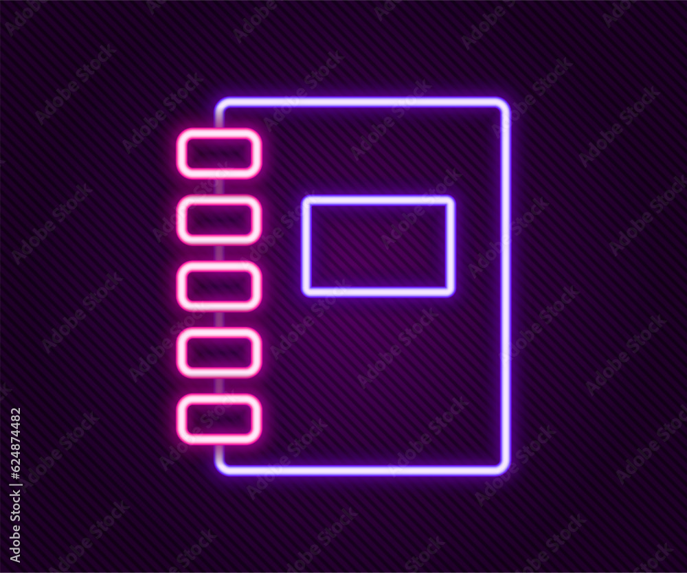 Poster glowing neon line notebook icon isolated on black background. spiral notepad icon. school notebook. 
