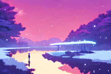 a snowy stream on a winter night. Generative ai