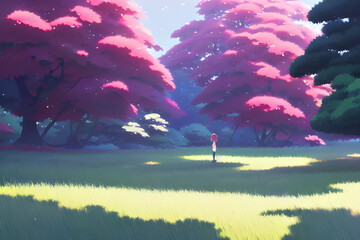 a midday cherry-blossom forest. Generative ai