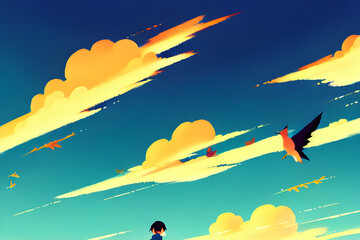 migratory birds flying in the yellow autumn sky. Generative ai