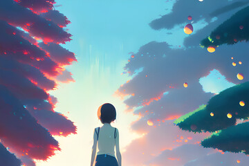 The dripping autumn sky and the girl. Generative ai