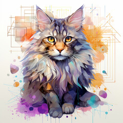 beautiful cat, maine coon, portrait design, photo realistic, painted with watercolor style, AI Generated