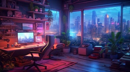  Generative Ai.  Interior in neon colors and cozy home office