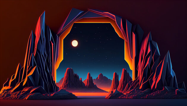 Abstract neon background with geometric shape, Beautiful frame and extraterrestrial landscape under the night sky and Rocks. Futuristic minimalist wallpaper, Ai generated image