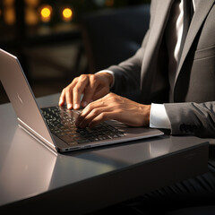 A sleek and modern laptop, with a metallic finish and a backlit keyboard. Hand of businessman on keyboard, business professionals, AI Generated