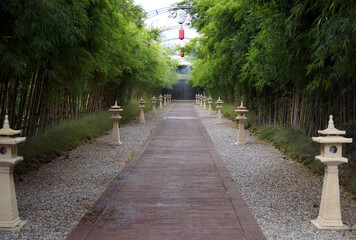 Bamboo Garden Check-in point Japanese-style restaurant has a walkway in the middle on both sides of the path with bamboo lines and Japanese stone lanterns decorated along the way.