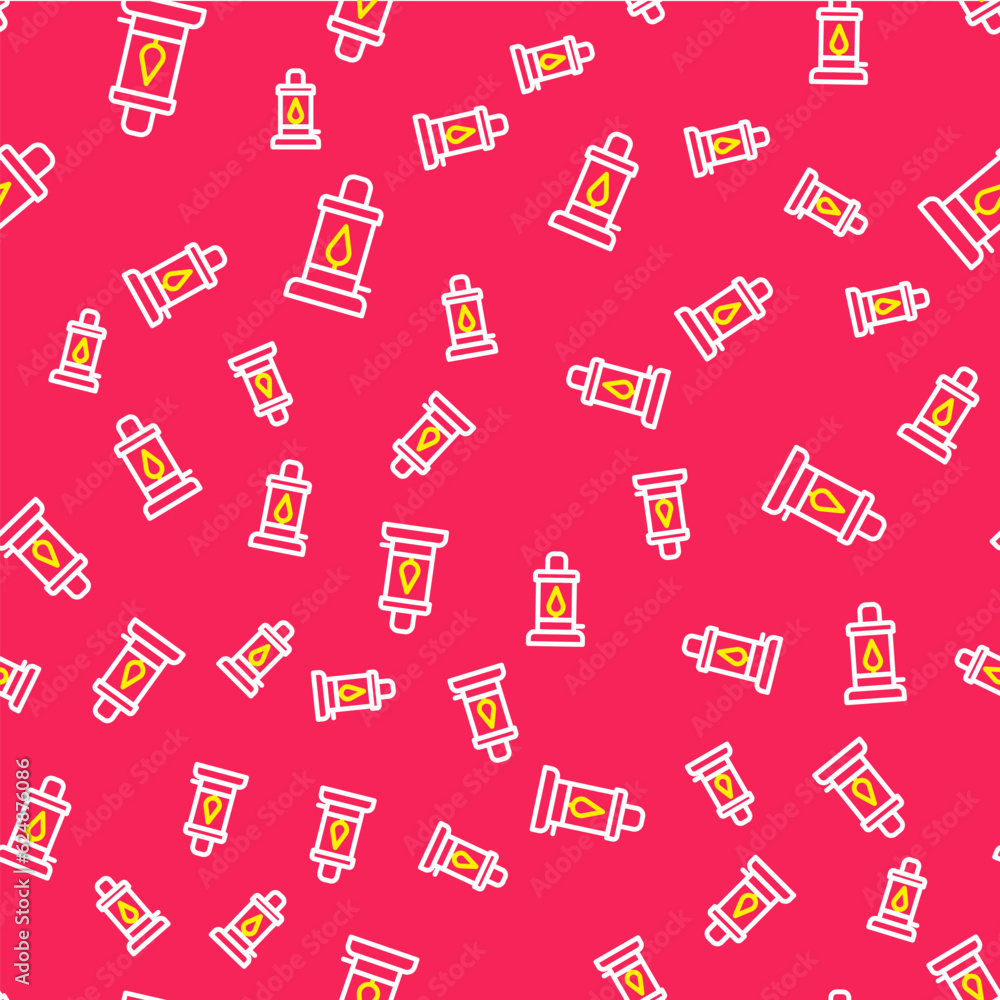Poster line camping lantern icon isolated seamless pattern on red background. vector