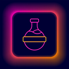 Glowing neon line Bottle with potion icon isolated on black background. Flask with magic potion. Happy Halloween party. Colorful outline concept. Vector