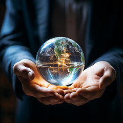 Business man holding crystal globe, Technology, network connection, artificial intelligence, innovation and futuristic. Process System, AI Generated