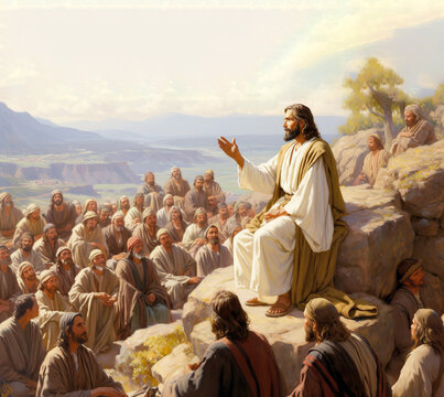 Painting of Jesus Christ speaking to the crowd by parables next to the Jerusalem city Generative AI Illustration
