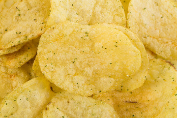 Prepared potato chips snack closeup view