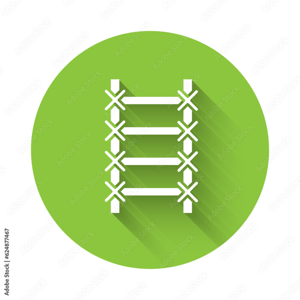 Poster white fire escape icon isolated with long shadow. pompier ladder. fireman scaling ladder with a pole