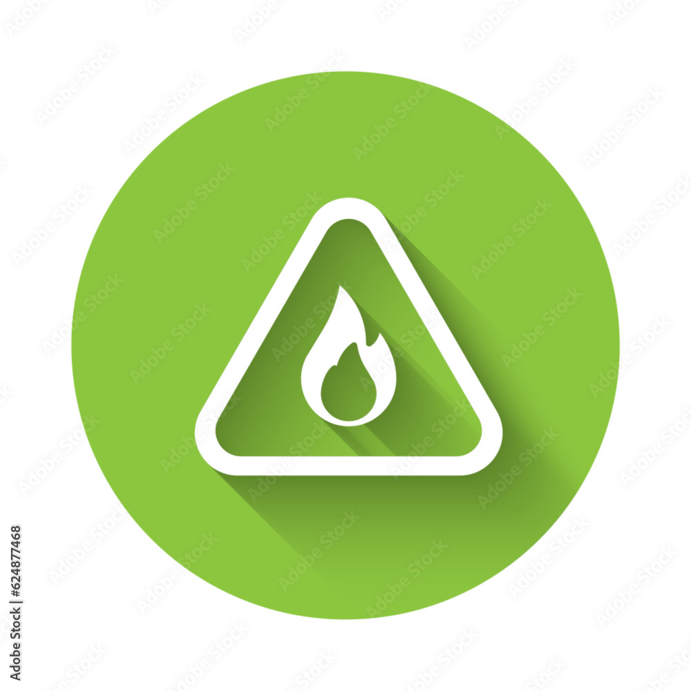 Poster white fire flame in triangle icon isolated with long shadow. warning sign of flammable product. gree