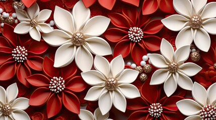 3D red and white colorful daisy flowers stack top view background
