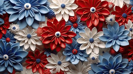 3D colorful red white blue flowers stack top view background