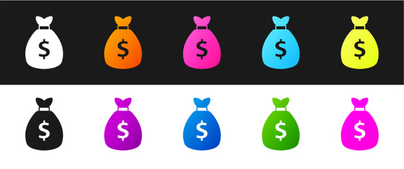 Set Money bag icon isolated on black and white background. Dollar or USD symbol. Cash Banking currency sign. Vector