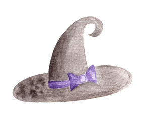 Watercolor black colored witch hat with violet bow knot.Isolated on white halloween costume design element.