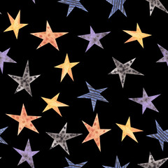Watercolor seamless halloween party pattern with different violet, blue, orange stars with dots and stripes.October autumn black background as wrapping paper