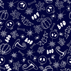 Hand drawn illustrated line art halloween seamless pattern with white skulls,pumpkins,witch hat,leaves, spiders and web.Holiday autumn decoration on dark blue background.