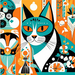 Cat Painting Classic Digital Art, Modern Art, Retro Vintage style of 60s, Midcentury Modern fusion with Neon Punk style, for pet lovers and cat owners