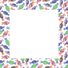 Watercolor frame border mock up with lots of different halloween party candies in orange, black, violet colors.Copy space in the middle.Isolated element for print cards, invitations in square format