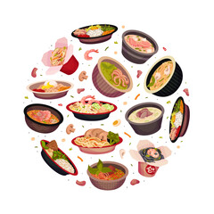 Asian Food and Cuisine Round Composition Design with Served Dish Vector Template