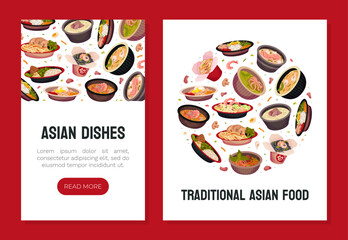 Asian Food and Cuisine Banner Design with Served Dish Vector Template