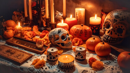 Mexican holiday Dia de Muertos. Traditional table with candles, flowers, sugar skulls, Day of Dead offering
