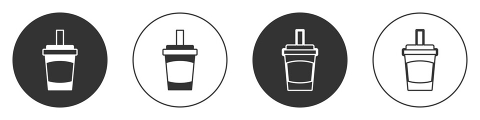 Black Paper glass with drinking straw and water icon isolated on white background. Soda drink glass. Fresh cold beverage symbol. Circle button. Vector