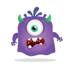 Cartoon cute purple one-eyed scary Monster.  Best for Halloween and birthday prints, party decorations, t-shirts, logos, emblems or stickers. Vector illustration.