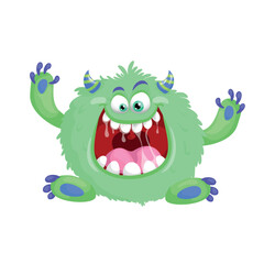 Cartoon cute green fluffy Monster.  Design for print, party decoration, t-shirt,  logo, emblem or stickers. Vector illustration.